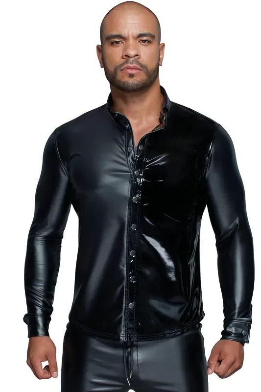 MissBehaved Collection-Langärmliges Powerwetlook & PVC Shirt mit Knopfleiste H064 schwarz