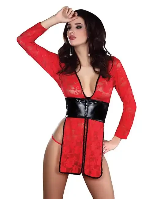 Negligee Cauvery aus Spitze mit Wetlook in rot/schwarz
