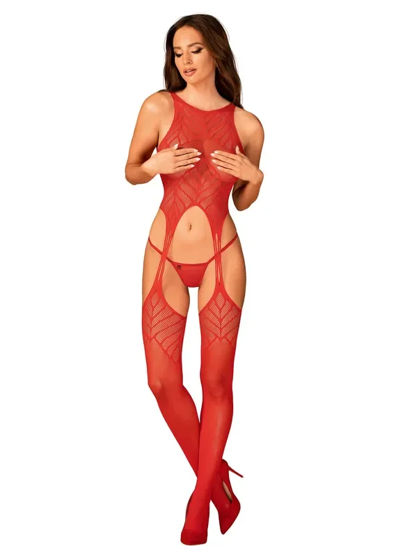 Netz-Body mit Strumpfhalter-Design – Rot