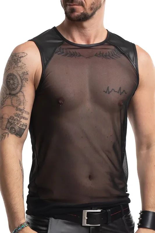 Netz-Shirt mit Wetlook-Schultern- Schwarz