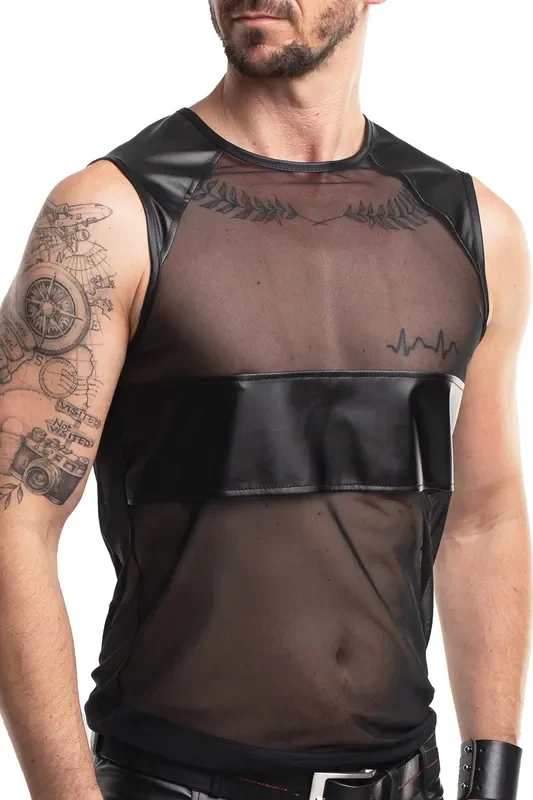 Netz-T-Shirt mit Wetlook-Bruststreifen – Schwarz