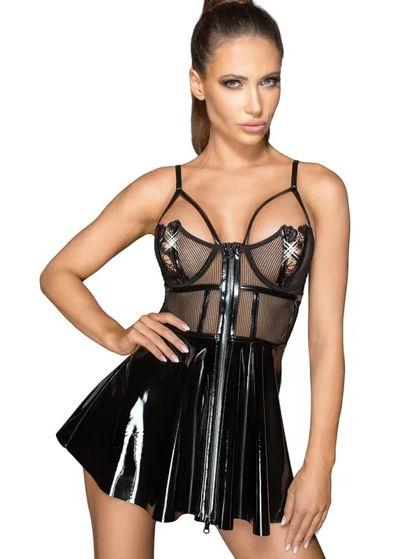 Noir Handmade Lack-Netz-Minikleid, schwarz