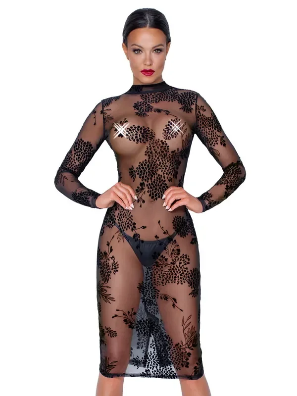Noir Handmade Langarm Spitzenkleid, schwarz