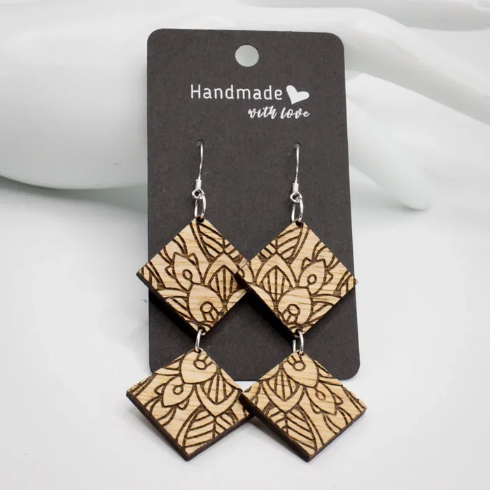 Ohrringe mandala Holz – Doppelquadrat – penumbra