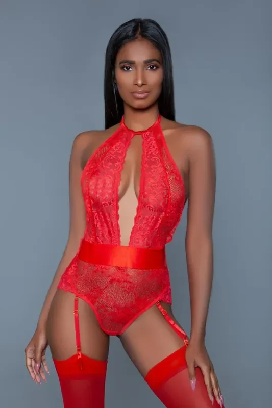 Ophelia Straps-Bodysuit aus Spitze – Rot