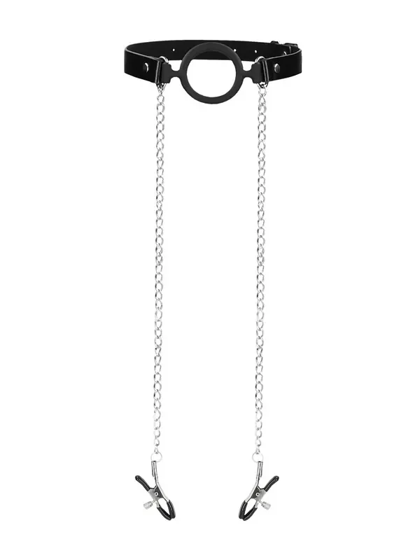 Ouch! O-Ring with Nipple Clamps Mundsperre mit Nippelklemmen, schwarz/silber