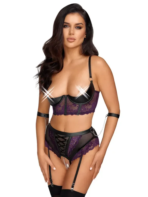 Ouvert-Strapsdessous-Set, schwarz/lila