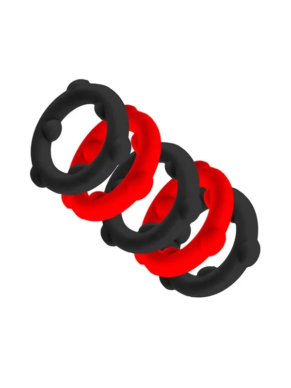 Oxballs Silicone Gearheads 5-Pack Spinner Penisringe-Set, schwarz/rot