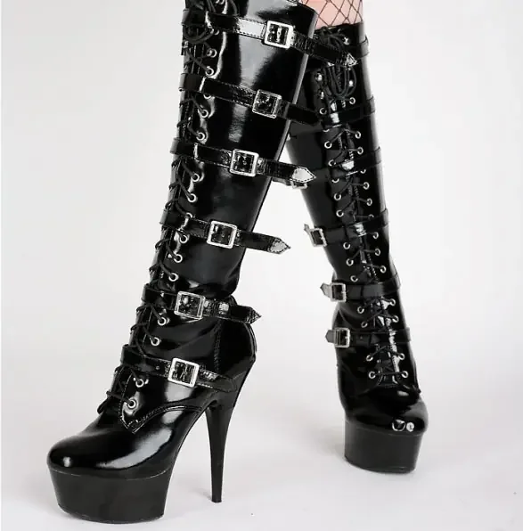 Plateau High Heels Stiefel schwarz mit Schnallen