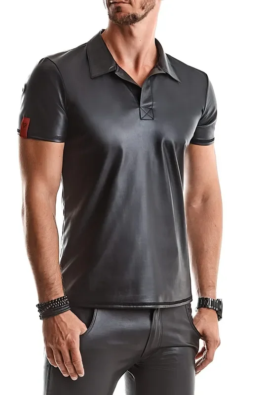 Polo Shirt aus dehnbarem Wetlook Kragen Ziernähte