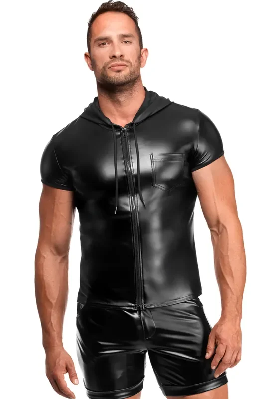 Powerwetlook Kapuzen-Shirt mit Reißverschluss – Schwarz