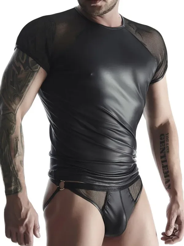 Regnes Fetish Planet TSH017 Wetlook-T-Shirt mit Netz, schwarz