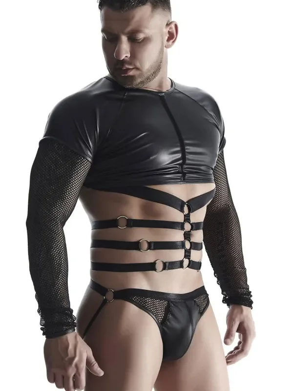Regnes Fetish Planet TSH019 Wetlook-Netz-Langarmshirt, schwarz
