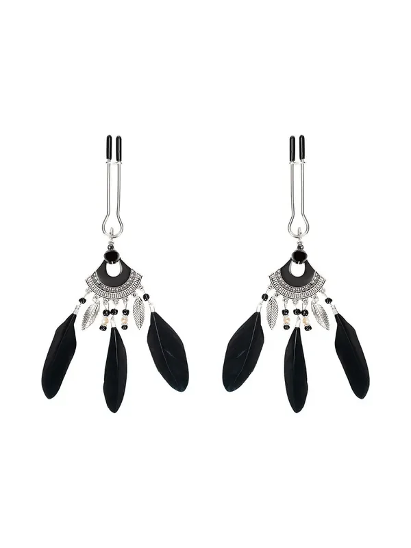 Rimba Bondage Play Nippelklemmen mit Federn, schwarz/silber