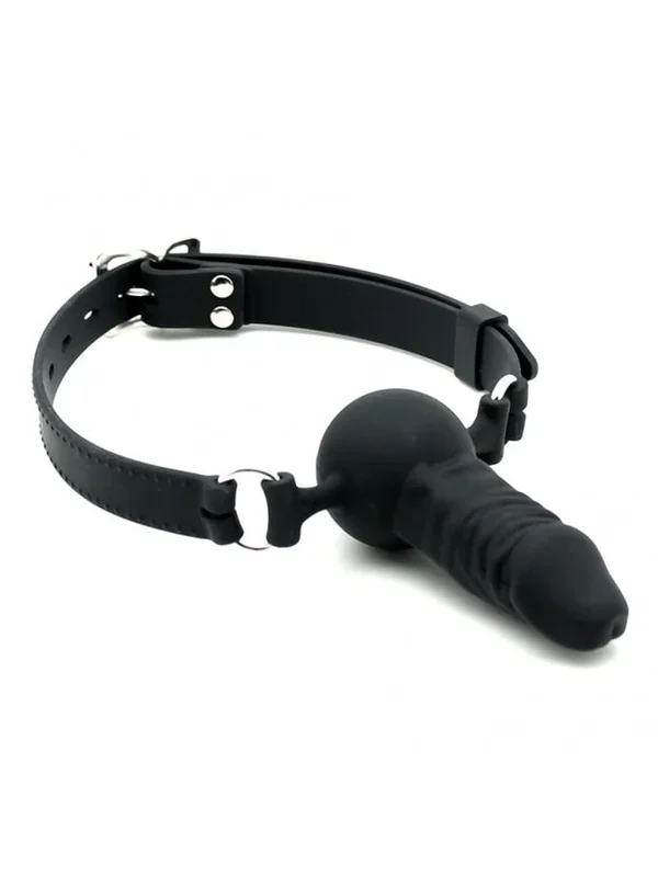 Rimba Latex Play – Mundknebel mit Penis (Ø 40 mm) – Schwarz & Silber