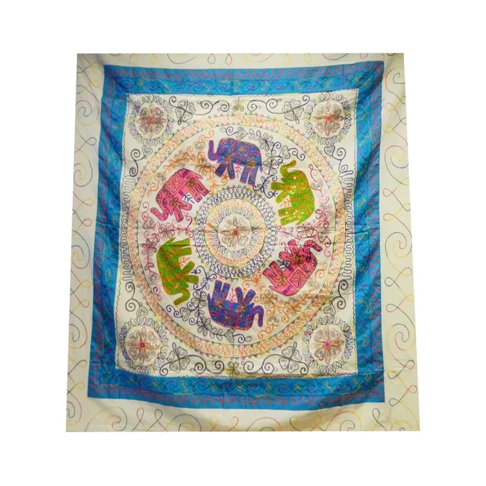 Ritualtuch Tagesdecke Wandbehang – 6 Elefanten bestickt blau – Doppelt
