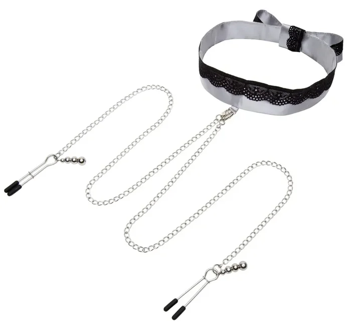 Satin Halsband mit Nippelklemmen silber