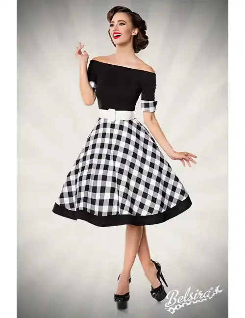 schulterfreies Swing-Kleid schwarz/weiß