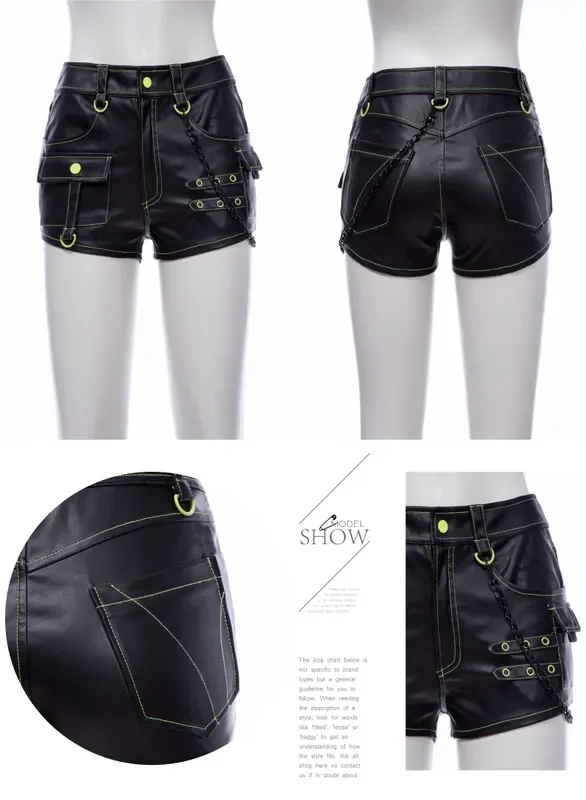 Schwarze Kunstledershorts mit Taschen, Ösen und D-Ring-Details