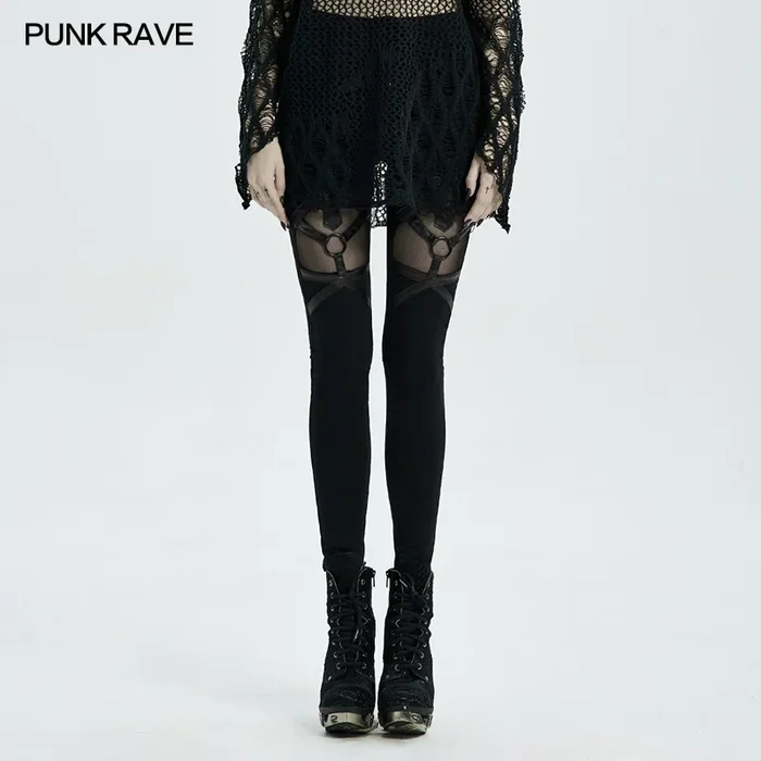Schwarze Leggings im Nu-Goth-Stil mit Kunstleder und Mesh
