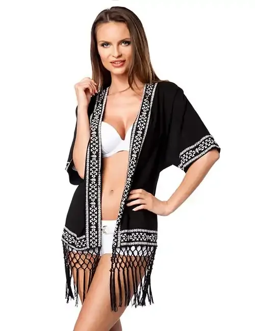 Schwarzer Kimono mit Fransenbordüre