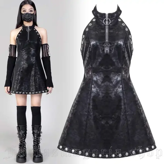 Schwarzes Punk-Kleid mit A-Linie und großen Ösendetails