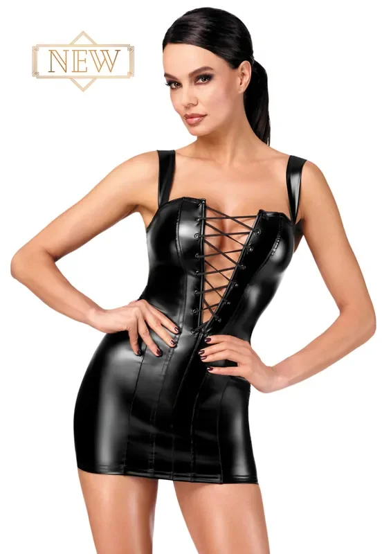 Schwarzes Wetlook-Minikleid mit Schnürung