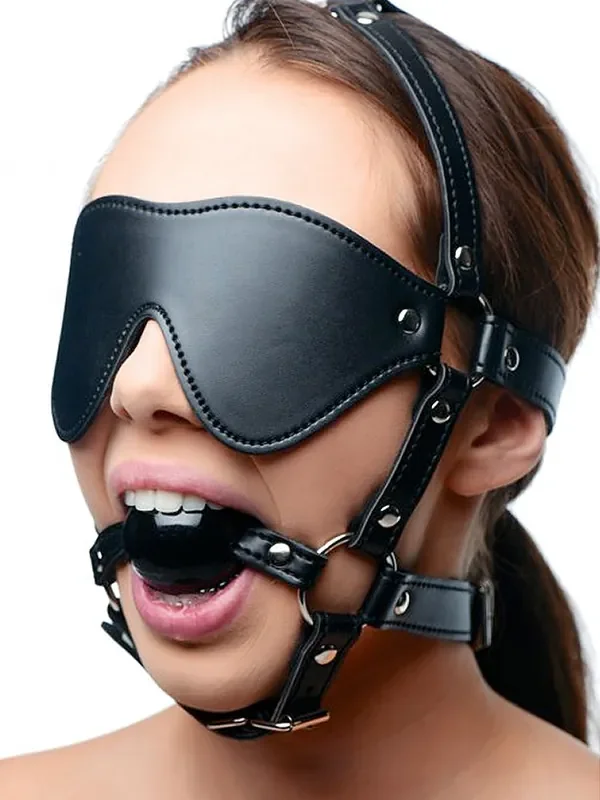 Strict Eye Mask Harness with Ball Gag Kopfgeschirr mit Knebel, schwarz