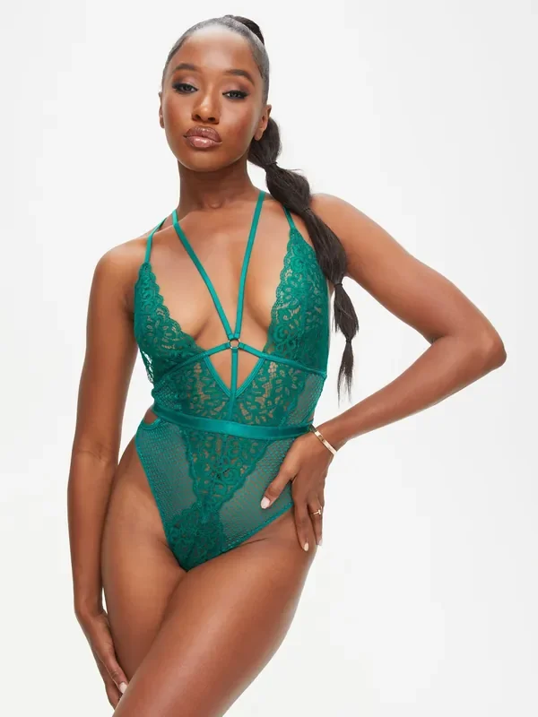 The Obsession Bodysuit mit offenem Schritt – Alpengrün
