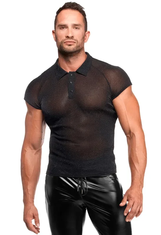Transparentes Tüllshirt mit silbernem Schimmer – Schwarz