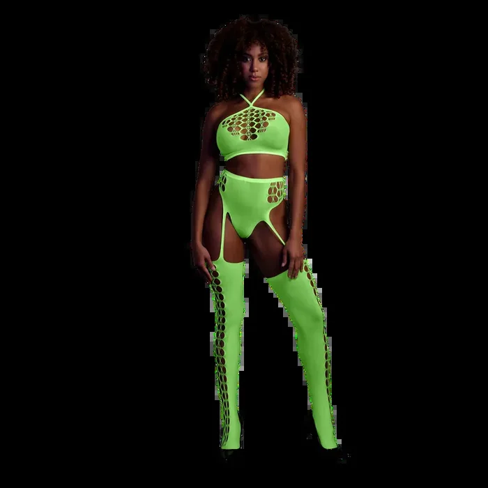 Two Piece with Crop Top and Stockings – One Size – Neon Green