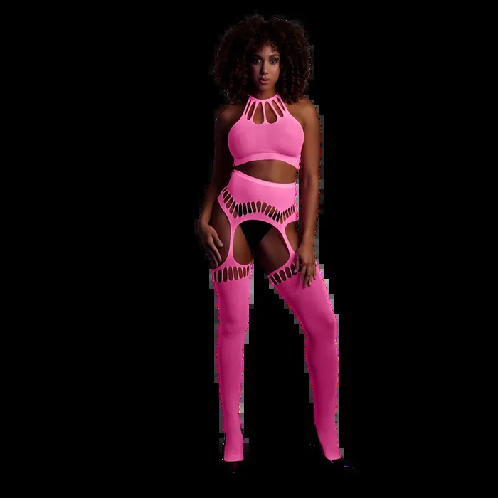 Two Piece with Crop Top and Stockings – One Size – Neon Pink