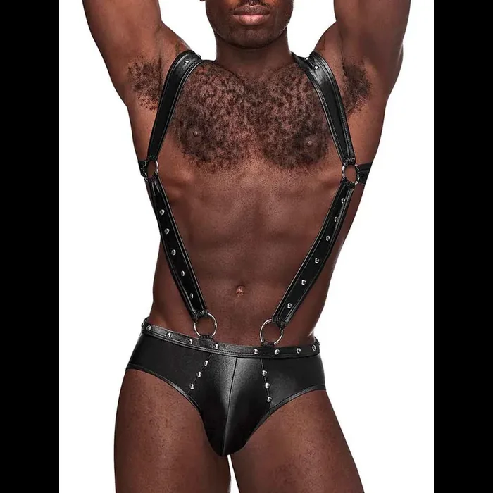 Uranus – Harness Style Open Back Jock Briefs with Suspender Straps – L/XL – Black