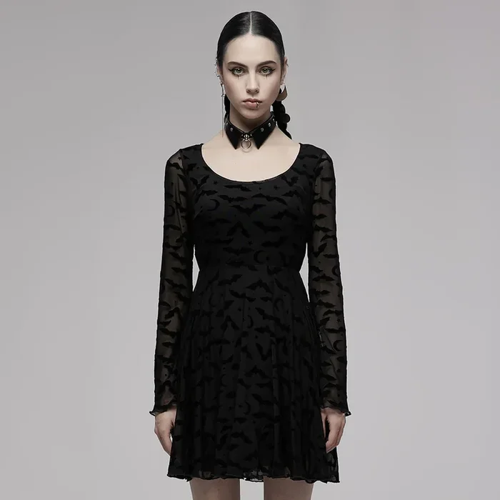 Verspieltes Kleid mit samtigem Fledermaus-Flockprint