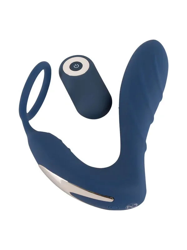 Vibrating Prostate Plug with cockring Vibro-Plug mit Penisring, blau