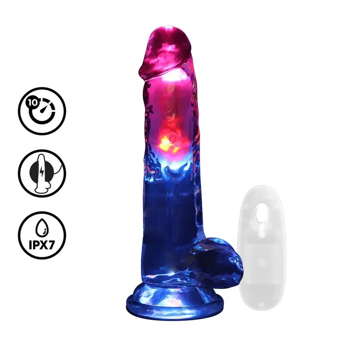 Vibrationsdildo mit Hoden und LED-Funktion – 8 / 20 cm – Transparent