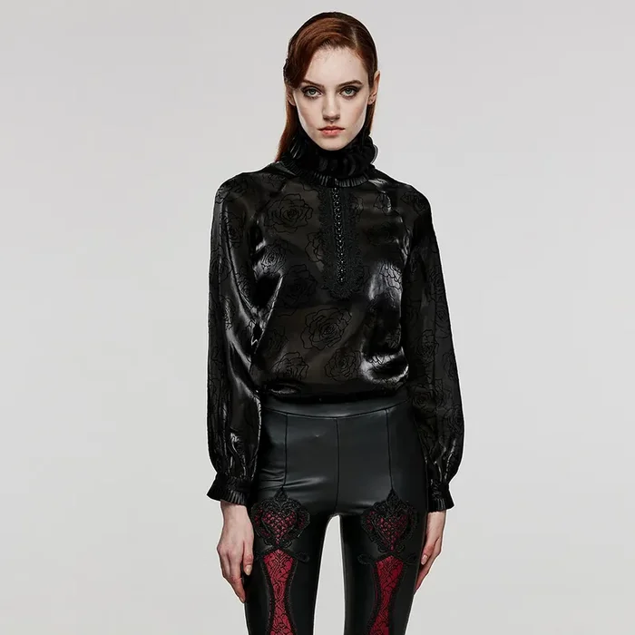 Victorian Gothic Satin-Organza Bluse mit Rosenmuster