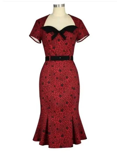 Vintage Fishtail Dress Floral Red
