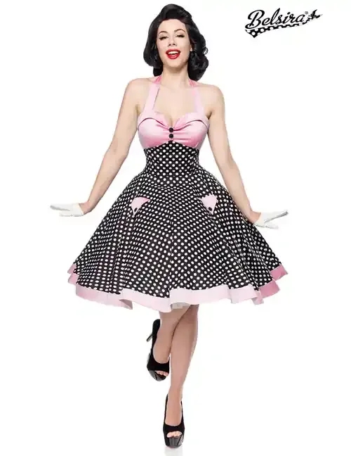 Vintage-Swing-Kleid mit Neckholder schwarz/weiß/rosa