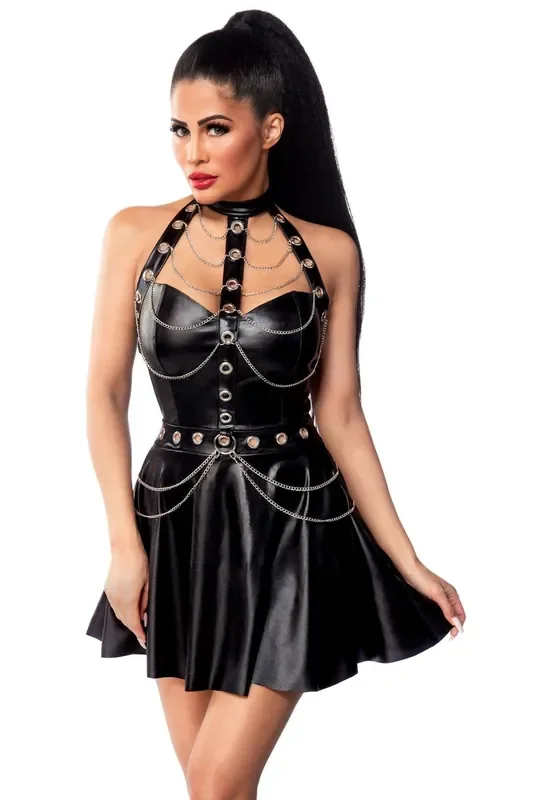 Wetlook Minikleid mit Ösen und Ketten (Grösse S)