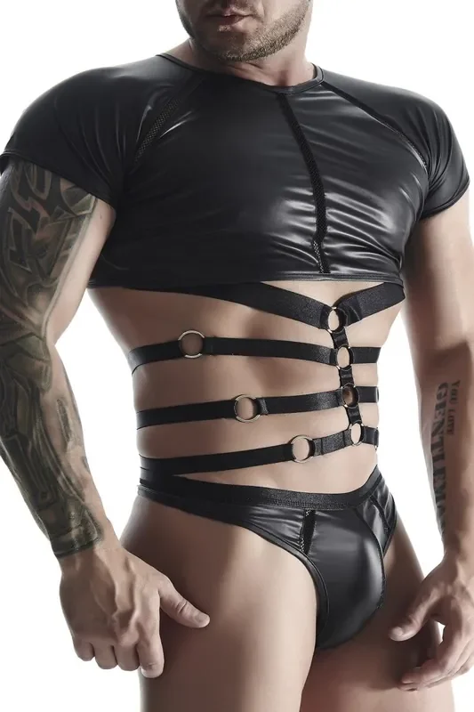 Wetlook Shirt mit Body-Harness Bondage Clubwear Fetisch