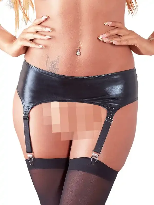 Wetlook-Strapsgürtel und Strümpfe, schwarz