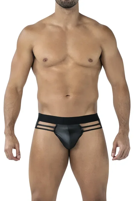 Wetlook-String mit Riemen – Schwarz