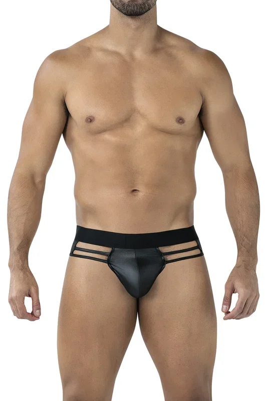 Wetlook-String mit Riemen – Schwarz