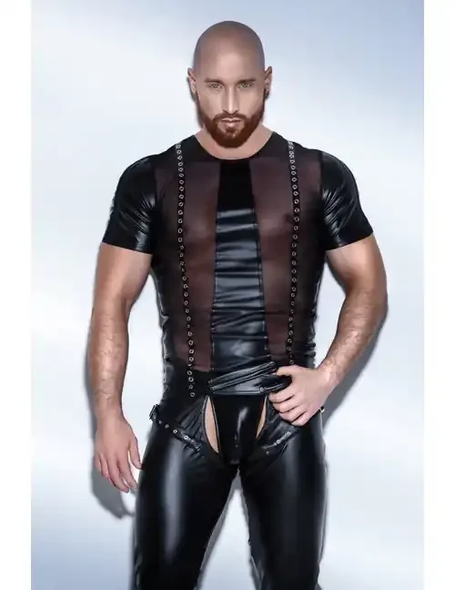 Wetlook-T-Shirt für Männer mit Netz-Einsatz & Nieten