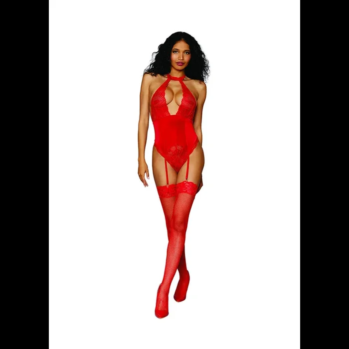 Women’s Stretch Lace and Stretch Velvet Garter Teddy – One Size – Red