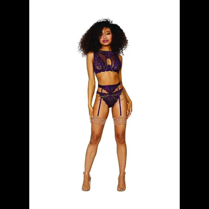 Women‘s Lace and Mesh 3 Piece Set – M – Aubergine